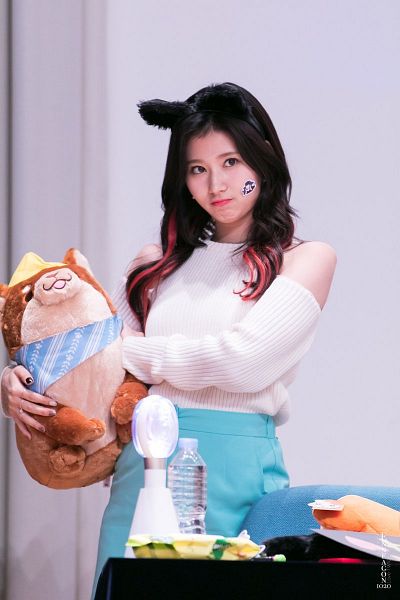 Tags: K-Pop, Twice, Minatozaki Sana, Gray Background, Animal Ears, Blue Shirt, Water, Stickers, Black Headwear, Nail Polish, Stuffed Toy, Multi-colored Hair